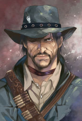 Rule 34 | 1boy, agahari, bandolier, beard, bullet, commentary request, cowboy, cowboy hat, cowboy western, facial hair, feathers, gloves, gun, handgun, hat, hat feather, john marston, looking at viewer, male focus, red dead redemption, revolver, scar, solo, upper body, vest, weapon, western