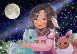 Rule 34 | 1girl, :d, au ra, black hair, blush, brown eyes, commentary request, commission, creatures (company), crossover, eevee, final fantasy, final fantasy xiv, freckles, full moon, game freak, gen 1 pokemon, horns, jacket, kou hiyoyo, long hair, long sleeves, looking at viewer, lyra heartstrings, moon, multiple crossover, my little pony, my little pony: friendship is magic, night, night sky, nintendo, open clothes, open jacket, open mouth, outdoors, pink shirt, pokemon, pokemon (creature), puffy long sleeves, puffy sleeves, purple jacket, scales, shirt, skeb commission, sky, smile, star (sky), starry sky, unicorn, upper body, warrior of light (ff14)