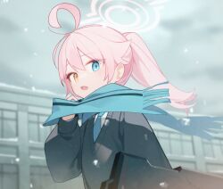 Rule 34 | 1girl, absurdres, ahoge, blue archive, blue eyes, blue necktie, blue scarf, blurry, blurry background, doribae, fang, hair between eyes, halo, heterochromia, highres, hoshino (blue archive), long hair, long sleeves, looking at viewer, necktie, outdoors, pink hair, ponytail, revision, scarf, snowing, solo, striped clothes, striped scarf, upper body, yellow eyes