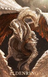 Rule 34 | claws, closed mouth, colored skin, commentary, commentary request, copyright name, dragon, dragon wings, dragonlord placidusax, elden ring, embers, flying, grey skin, highres, horns, mixed-language commentary, monster focus, mrpk, multiple heads, sharp teeth, signature, teeth, wings