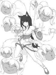Rule 34 | 1girl, ahri (league of legends), animal ears, bad id, bad pixiv id, breasts, cleavage, detached sleeves, fox ears, fox tail, greyscale, hydra, korean clothes, league of legends, long hair, monochrome, multiple tails, poppy (league of legends), scofa, skirt, solo, tail, twintails, what