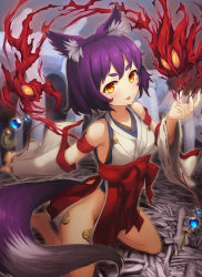 Rule 34 | 1girl, animal ears, brown eyes, detached sleeves, eyebrows, fox ears, fox tail, highres, japanese clothes, miko, original, purple hair, ribbon-trimmed sleeves, ribbon trim, shinovi, short hair, solo, tail, thick eyebrows