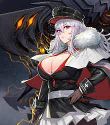 Rule 34 | 1girl, absurdres, azur lane, breasts, cleavage, cleavage cutout, cloak, clothing cutout, cross, fur collar, fur trim, gloves, graf zeppelin (azur lane), hand on own hip, hat, highres, iron cross, kaki z3, large breasts, long hair, looking at viewer, peaked cap, pleated skirt, red eyes, rigging, silver hair, skirt, solo
