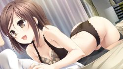 Rule 34 | 1girl, ass, bare shoulders, bed, black panties, black thighhighs, blush, bra, breasts, brown eyes, brown hair, cleavage, curtains, eye contact, game cg, happy, kiss ato, legs, looking at another, lying, on stomach, open mouth, panties, short hair, small breasts, smile, takanashi madoka, takei ooki, thighhighs, thighs, underwear