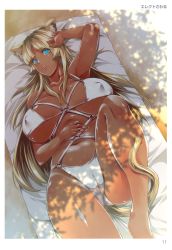 Rule 34 | 1girl, absurdres, animal ears, aqua eyes, artist name, bare legs, bare shoulders, blonde hair, breasts, cameltoe, cat ears, cat tail, collarbone, covered erect nipples, dark-skinned female, dark skin, erect sawaru, highres, large breasts, long hair, looking at viewer, lying, navel, on back, parted lips, scan, solo, swimsuit, tail, toranoana