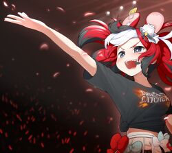 Rule 34 | 1girl, absurdres, animal ears, black hair, blue eyes, commentary, english commentary, glowstick, hakos baelz, hat, highres, hololive, hololive english, microphone, midriff, mini hat, mouse ears, multicolored hair, navel, open mouth, petals, red hair, shirt, snowmya, tied shirt, twintails, virtual youtuber, white hair
