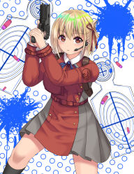 Rule 34 | 1girl, arms up, blonde hair, breasts, commentary request, dress, folded ponytail, gun, hair between eyes, hair ribbon, headset, holding, holding gun, holding weapon, kneehighs, long sleeves, looking at viewer, lycoris recoil, medium breasts, nishikigi chisato, parted lips, red dress, red eyes, red ribbon, revision, ribbon, socks, solo, standing, tukino neru, two-handed, weapon