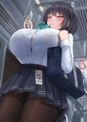 Rule 34 | 3girls, absurdres, bag, barcode, black bra, black hair, black pantyhose, black skirt, blue hair, bra, bra visible through clothes, bralines, breasts, bursting breasts, cellphone, cleavage, commentary request, drinking straw, drinking straw in mouth, highres, holding, holding phone, iro (boo iro), large breasts, milk carton, multiple girls, name tag, original, panties, panties under pantyhose, pantyhose, pantyshot, phone, pink hair, red eyes, school bag, school uniform, see-through, shirt, short hair, skirt, smartphone, standing, thighs, train interior, underwear, white panties, white shirt