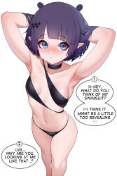 Rule 34 | absurdres, armpits, arms up, bare shoulders, bikini, black bikini, black choker, blunt bangs, blush, breasts, choker, commentary, cowboy shot, english commentary, fiera, from above, hands in hair, highres, hololive, hololive english, looking at viewer, navel, ninomae ina&#039;nis, paid reward available, pointy ears, purple hair, short hair, simple background, small breasts, speech bubble, swimsuit, virtual youtuber, white background