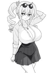 Rule 34 | 1girl, alternate costume, bracelet, breasts, bright pupils, cleavage, closed mouth, collared shirt, commentary, drill hair, earrings, eyewear on head, greyscale, hand in own hair, high contrast, huge breasts, jewelry, long sleeves, looking at viewer, medium hair, monochrome, onkn sxkn, partially unbuttoned, shirt, simple background, skirt, smile, solo, sunglasses, touhou, twin drills, yorigami jo&#039;on