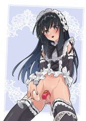 Rule 34 | 1boy, anal, anal object insertion, bare shoulders, black bow, black eyes, black hair, black lips, black nails, black ribbon, blue background, blush, bow, chastity cage, crossdressing, cum, cum string, cumdrip, cup, detached sleeves, ejaculating while penetrated, ejaculation, fingernails, frills, hair between eyes, handsfree ejaculation, highres, holding, holding cup, lipstick, lock, long hair, looking at penis, looking down, lube, maid, maid headdress, makeup, male focus, male penetrated, matching hair/eyes, moyashimon, mubo, nail polish, navel, object insertion, padlock, parted lips, patterned background, ribbon, sidelocks, simple background, small penis, solo, straight hair, sweat, testicles, thighhighs, trap, two-tone background, white background, yuuki kei