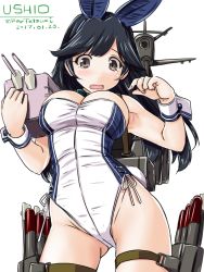 Rule 34 | 10s, 1girl, 2017, animal ears, bare legs, bare shoulders, black hair, blush, breasts, rabbit ears, rabbit tail, cannon, character name, cleavage, dated, detached collar, fake animal ears, headband, kantai collection, large breasts, leotard, lips, long hair, looking at viewer, machinery, open mouth, playboy bunny, smokestack, solo, tail, tatsumi ray, tears, torpedo, turret, twitter username, ushio (kancolle), wrist cuffs