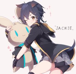 Rule 34 | 1girl, :3, ;), a.a (aa772), animal ears, arknights, bike shorts, black hair, black jacket, black shorts, blush, breasts, brown eyes, character name, commentary, cowboy shot, dog ears, dog tail, extra ears, from side, grey skirt, hair ornament, hood, hood down, hooded jacket, hug, jacket, jackie (arknights), looking at viewer, looking to the side, medium breasts, miniskirt, hugging object, one eye closed, open clothes, open jacket, shirt, short hair, short sleeves, shorts, shorts under skirt, simple background, skirt, smile, solo, standing, stuffed animal, stuffed rabbit, stuffed toy, tail, thighs, white background, white shirt, yellow neckwear