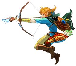 Rule 34 | 1boy, arrow (projectile), blonde hair, blue eyes, bow (weapon), butiboco, cape, drawing bow, earrings, holding bow (weapon), hood, jewelry, link, long hair, male focus, nintendo, pointy ears, ponytail, quiver, solo, the legend of zelda, the legend of zelda: breath of the wild, twitter username, weapon, white background