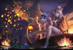 Rule 34 | 10s, 1girl, animal ears, arch, architecture, arm behind back, barefoot, blade &amp; soul, blue eyes, blunt bangs, boat, breasts, building, cat, cat ears, cat tail, center opening, choko (cup), cloud, cup, dango, dress, earrings, eyelashes, eyeshadow, fantasy, feet, flower, food, from below, glowing, hair flower, hair ornament, highres, holding, holding food, jewelry, kneepits, lantern, legs, long hair, lotus, lyn (blade &amp; soul), makeup, night, night sky, outdoors, outstretched leg, panties, pantyshot, paper lantern, puffy short sleeves, puffy sleeves, santafe99, short dress, short sleeves, signature, silver hair, sitting, skewer, sky, small breasts, smile, soaking feet, sparkle, star (sky), starry sky, stone lantern, striped tail, sunset, tail, toes, tokkuri, underwear, wagashi, water, watercraft, wristband
