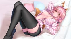 Rule 34 | 1girl, absurdres, animal ear fluff, animal ears, black legwear, black shorts, breasts, fate/extella, fate/extra, fate/grand order, fate (series), fox ears, fox girl, fox tail, highres, jewelry, kamehito, large breasts, looking at viewer, lying, navel, necklace, no bra, official alternate costume, open clothes, open shirt, pink hair, shorts, solo, tail, tamamo (fate), tamamo no mae (fate/extra), tamamo no mae (spring casual) (fate), yellow eyes
