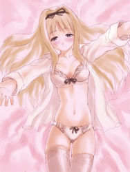Rule 34 | 00s, bed, blonde hair, blush, bow, bow bra, bow panties, bra, dress shirt, kusugawa sasara, lingerie, lying, on back, open clothes, open shirt, panties, pink bra, pink panties, shirt, solo, thigh gap, thighhighs, thighs, to heart (series), to heart 2, underwear