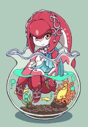 Rule 34 | 1girl, anklet, blue background, bracelet, breasts, chibi, closed mouth, colored skin, commentary request, coral, fins, fish, fish girl, fishbowl, full body, gem, gills, green background, hair ornament, highres, jewelry, knees up, long hair, looking at viewer, mipha, monster girl, multicolored skin, necklace, nintendo, no eyebrows, partially submerged, plant, red hair, red skin, simple background, small breasts, smile, the legend of zelda, the legend of zelda: breath of the wild, water, yellow eyes, yokoyoko (nazonazo), zora