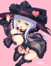 Rule 34 | 1girl, :d, black thighhighs, blush, breasts, breasts squeezed together, covered erect nipples, fur trim, garter straps, hat, heart, highres, homura subaru, jacket, large breasts, lillian (homura subaru), lillian homuraya, lillian ljungstrom, long hair, nail polish, open mouth, original, pasties, pink background, pleiades, see-through, silver hair, simple background, smile, solo, strap pull, thighhighs, witch, witch hat, yellow eyes
