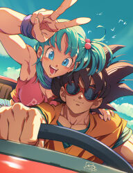 Rule 34 | 1boy, 1girl, aqua hair, blue eyes, blue sky, breasts, bulma, car, cleavage, dougi, dragon ball, driving, hair bobbles, hair ornament, hand on another&#039;s shoulder, highres, looking at viewer, marc brunet, medium breasts, motor vehicle, open mouth, pink shirt, shirt, side ponytail, sky, smile, son goku, steering wheel, sunglasses, v, wristband