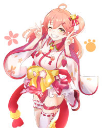 Rule 34 | 1girl, ahoge, animal print, bell, blush, breasts, bridal garter, cat print, cherry blossom print, cherry blossoms, collar, detached sleeves, double v, floral print, green eyes, hair bell, hair ornament, hairclip, highres, hololive, long hair, medium breasts, nontraditional miko, one eye closed, one side up, paw print, paw print pattern, pink hair, red collar, sakura miko, sakura miko (1st costume), sideboob, single thighhigh, solo, teeth, thighhighs, v, virtual youtuber, white background, white thighhighs, wide sleeves, zoizozozo111