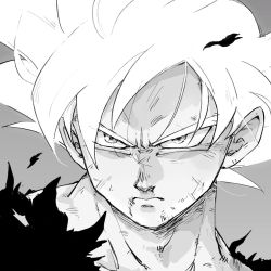 Rule 34 | 10s, 1boy, black shirt, blouse, dirty, dirty face, dragon ball, dragon ball super, dragonball z, epic, expressionless, frown, grey background, grey eyes, greyscale, highres, male focus, monochrome, serious, shaded face, shirt, simple background, solo, son goku, spiked hair, spoilers, tkgsize, torn clothes, torn shirt, white hair