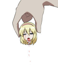 1boy 1girl alice_margatroid blonde_hair blood blue_eyes blush corpse death decapitation giant guro hairband jeno open_mouth ryona short_hair simple_background tears tongue tongue_out touhou white_background