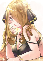 Rule 34 | 1girl, bikini, blonde hair, bracelet, breasts, cleavage, creatures (company), cynthia (pokemon), e-co, elbow rest, game freak, grey eyes, hair ornament, hair over one eye, hand on own chin, jewelry, looking at viewer, medium breasts, nintendo, open mouth, pendant, pokemon, pokemon dppt, smile, solo, sparkle, strap slip, swimsuit, upper body