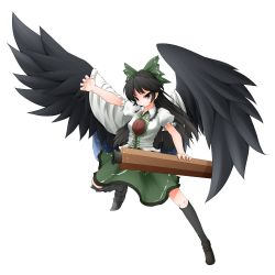 Rule 34 | 1girl, absurdres, asymmetrical clothes, asymmetrical footwear, bad id, bad pixiv id, black hair, bow, cape, female focus, full body, hair bow, highres, hullzion, long hair, mismatched footwear, red eyes, reiuji utsuho, skirt, solo, touhou, transparent background, wings
