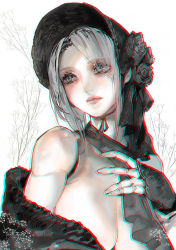 Rule 34 | 1girl, aoin, black flower, black rose, bloodborne, blush, bonnet, breasts, chromatic aberration, cleavage, commentary request, doll joints, flower, grey eyes, grey hair, hat, hat flower, highres, joints, large breasts, off shoulder, parted lips, pink lips, plain doll, rose, solo, upper body