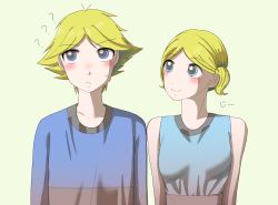 Rule 34 | 1boy, 1girl, blonde hair, blue eyes, blush, boomer (ppg), bubbles (ppg), long sleeves, looking away, looking to the side, pig tail, powerpuff girls, question mark, short hair, smile, sweatdrop, tail