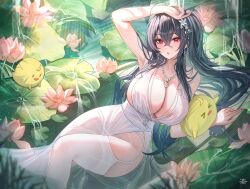 Rule 34 | &gt; &lt;, 1girl, :o, arm up, armpits, azur lane, bare arms, bare shoulders, black hair, blush, breasts, cleavage, crossed bangs, dress, earrings, flower, hair between eyes, hair ornament, heart, heart-shaped pupils, highres, jewelry, large breasts, long hair, manjuu (azur lane), necklace, official alternate costume, open mouth, outdoors, red eyes, symbol-shaped pupils, taihou (azur lane), taihou (temptation on the sea breeze) (azur lane), tansuan (ensj3875), thighhighs, thighs, water, white dress, white thighhighs