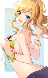 Rule 34 | 1girl, :d, bangle, bare shoulders, bead bracelet, beads, belt, bikini, blonde hair, blue eyes, blue shorts, blush, bracelet, breasts, cleavage, commentary request, earrings, front-tie bikini top, front-tie top, hair ornament, halterneck, hands up, highres, idolmaster, idolmaster cinderella girls, jewelry, large breasts, long hair, looking at viewer, looking to the side, nail polish, ohtsuki yui, open mouth, pink nails, ponytail, satoimo chika, shorts, smile, solo, star (symbol), striped bikini, striped clothes, swimsuit, upper body, wavy hair