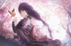 Rule 34 | 1girl, armor, bird, bird on hand, black gloves, blurry, blush, bow, braid, bridal gauntlets, cherry blossoms, commentary, day, depth of field, flower, from behind, genshin impact, gloves, hair ornament, highres, japanese clothes, kimono, long hair, looking at viewer, looking back, low-braided long hair, low-tied long hair, lunia, mitsudomoe (shape), neck tattoo, obi, off shoulder, outdoors, parted lips, petals, purple eyes, purple hair, purple kimono, raiden shogun, red bow, sash, shoulder armor, smile, solo, tassel, tattoo, tomoe (symbol), tree, upper body, wind