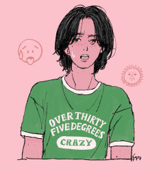 Rule 34 | 1boy, absurdres, alternate costume, artist name, black eyes, black hair, chaki (chackiin), character request, check character, clothes writing, commentary request, emoji, green shirt, highres, looking at viewer, male focus, monster (manga), open mouth, pink background, shirt, short hair, short sleeves, solo, sweatdrop, t-shirt, tenma kenzou, upper body