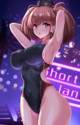 Rule 34 | 1girl, armpits, arms behind head, arms up, atlanta (kancolle), blue eyes, blush, breasts, brown hair, collarbone, commentary request, competition swimsuit, covered erect nipples, covered navel, cowboy shot, earrings, hat, highleg, highleg swimsuit, highres, jewelry, kantai collection, kihou no gotoku dmc, large breasts, long hair, looking at viewer, one-piece swimsuit, open mouth, palm tree, simple background, solo, star (symbol), star earrings, swimsuit, thighs, tree, twintails, two side up, water, water drop, wet