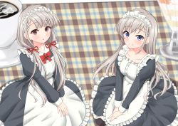 Rule 34 | 2girls, :o, apron, black dress, black legwear, blurry, blurry background, blush, bow, braid, braided bangs, breasts, closed mouth, coffee, collared dress, commentary request, cup, depth of field, dress, frilled apron, frills, grey hair, hair over shoulder, hair ribbon, highres, hisakawa hayate, hisakawa nagi, idolmaster, idolmaster cinderella girls, idolmaster cinderella girls starlight stage, juliet sleeves, long sleeves, low twintails, maid, maid apron, maid headdress, medium breasts, mini person, minigirl, mitsumine raimu, multiple girls, pantyhose, parted lips, plaid, puffy sleeves, red bow, red ribbon, ribbon, siblings, sisters, small breasts, smile, twins, twintails, white apron