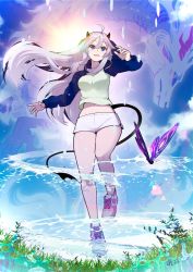 Rule 34 | 1girl, blouse, blue eyes, breasts, bug, butterfly, cloud, commentary, dragon, english commentary, floating hair, grass, green shirt, grey hair, highres, insect, jowa, long hair, medium breasts, navel, official art, open mouth, shirt, shoes, shorts, sky, smile, sneakers, solo, tail, vei (vtuber), virtual youtuber, vshojo, white footwear, white shorts