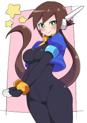 Rule 34 | 1girl, absurdres, aile (mega man zx), black bodysuit, blush, bodysuit, bottomless, breasts, brown hair, buzzlyears, cropped jacket, green eyes, highres, jacket, large breasts, long hair, looking at viewer, mega man (series), mega man zx, mega man zx advent, open clothes, open jacket, open mouth, ponytail, robot ears, simple background, solo