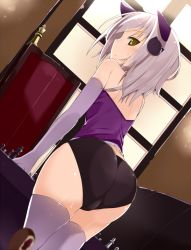 Rule 34 | 10s, 1girl, animal ears, ass, bad id, bad pixiv id, bare shoulders, blurry, board game, cat ears, chair, chess, chess piece, depth of field, dutch angle, elbow gloves, gloves, hair ornament, hairpin, high school dxd, leaning forward, looking back, purple hair, purple thighhighs, silver hair, soburi, solo, thighhighs, toujou koneko, yellow eyes