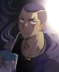 Rule 34 | 1boy, absurdres, black tank top, drinking, drinking straw, earrings, facial tattoo, gold necklace, highres, hood, hoodie, jewelry, juice box, male focus, mouth piercing, nachos (chos na), necklace, open clothes, open hoodie, original, piercing, short hair, solo, tank top, tattoo, undercut