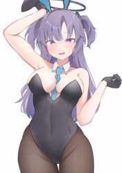 Rule 34 | 1girl, absurdres, alternate costume, animal ears, armpit peek, bad id, bad pixiv id, bare shoulders, black gloves, black leotard, black pantyhose, blue archive, breasts, cleavage, collarbone, commentary request, detached collar, fake animal ears, gloves, hair ornament, halo, highleg, highleg leotard, highres, leotard, long hair, looking at viewer, mashiro latte (msrn39), medium breasts, necktie, pantyhose, parted bangs, playboy bunny, purple eyes, purple hair, rabbit ears, sidelocks, simple background, sleeveless, solo, strapless, strapless leotard, two side up, white background, yuuka (blue archive)