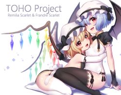 Rule 34 | 2girls, alternate costume, ap@meito, bare shoulders, bat wings, black bow, black gloves, black legwear, black panties, blonde hair, blue hair, bow, character name, chinese clothes, copyright name, elbow gloves, fangs, flandre scarlet, gloves, hat, hat bow, highres, hug, looking at viewer, mob cap, multiple girls, open mouth, panties, puffy short sleeves, puffy sleeves, red eyes, remilia scarlet, short hair, short sleeves, siblings, side-tie panties, sisters, smile, thighhighs, touhou, underwear, white background, white gloves, white headwear, white legwear, wings