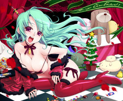 Rule 34 | 1girl, aqua hair, bell, bikini, boots, breasts, candy, choker, christmas, collar, crown, food, kneeling, large breasts, long hair, neck bell, open mouth, original, panties, pink eyes, pocky, purple eyes, ribbon, side-tie panties, smile, solo, stuffed animal, stuffed toy, swimsuit, teddy bear, thigh boots, thighhighs, tomomimi shimon, underwear