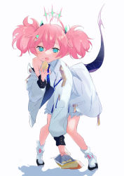 Rule 34 | 1girl, ahoge, bag of chips, bent over, blue archive, blue eyes, blue necktie, blush, chips (food), dress, eating, food, food on face, hair between eyes, hair ornament, highres, holding, holding food, horns, jacket, kyuuri (miyako), looking at viewer, momoka (blue archive), necktie, off shoulder, open mouth, pink hair, pointy ears, potato chips, simple background, solo, tail, twintails, white background, white dress, white jacket
