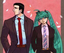 Rule 34 | 1girl, abe takakazu, alternate costume, aqua hair, belt, black hair, black suit, blue eyes, brown belt, closed mouth, crossover, dress shirt, falling petals, formal, hair ornament, hair ribbon, hair slicked back, hand in pocket, hatsune miku, highres, kuso miso technique, long hair, looking at another, looking to the side, necktie, pant suit, pants, petals, pink background, pink shirt, pppmaro, red eyes, red necktie, ribbon, shirt, smile, striped clothes, striped necktie, striped shirt, suit, twintails, very long hair, vocaloid