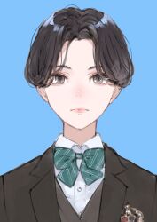 Rule 34 | 1girl, androgynous, badge, black hair, blue background, bow, bowtie, brown jacket, closed mouth, collared shirt, copyright request, green bow, green bowtie, grey eyes, highres, jacket, kaoming, looking at viewer, portrait, shirt, short hair, simple background, solo, upper body, white shirt, wing collar