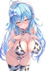 Rule 34 | 1girl, absurdres, ahoge, animal print, asktyuni, bikini, blue hair, blue nails, blush, braid, breasts, cleavage, colored tips, cow print, cowboy shot, elf, gluteal fold, hair between eyes, hair ornament, half updo, hands on own chest, hat, heart, heart ahoge, highres, hololive, large breasts, leaning forward, long hair, looking at viewer, multicolored hair, neck ribbon, pointy ears, ribbon, simple background, snowflake hair ornament, snowflake print, solo, standing, streaked hair, swimsuit, thighhighs, very long hair, virtual youtuber, white hat, yellow eyes, yukihana lamy