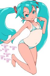 Rule 34 | 1girl, :3, aqua eyes, aqua hair, arched back, barefoot, bikini, child, flat chest, full body, hatsune miku, jaggy lines, koyopi, long hair, navel, oekaki, one-piece tan, pointing, pointing at self, simple background, sketch, smile, solo, striped bikini, striped clothes, swimsuit, tan, tanline, twintails, very long hair, vocaloid, white background