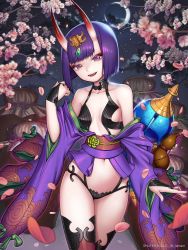 Rule 34 | 1girl, :d, alcohol, breasts, character name, crescent moon, fate/grand order, fate (series), hair ornament, highres, horns, japanese clothes, kimono, lantam, looking at viewer, moon, navel, night, night sky, oni, open mouth, purple eyes, purple hair, revealing clothes, sake, sakura, short hair, shuten douji (fate), skin-covered horns, sky, small breasts, smile, solo, standing, thighs, twitter username